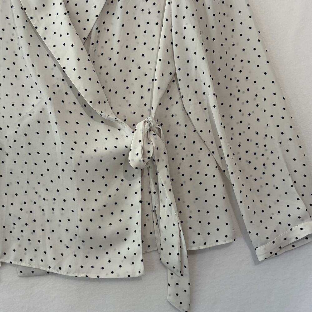 Adrianna Papell Wrap Blouse Womens XL White Black Polka Dots V-Neck Long Sleeve - Picture 4 of 7